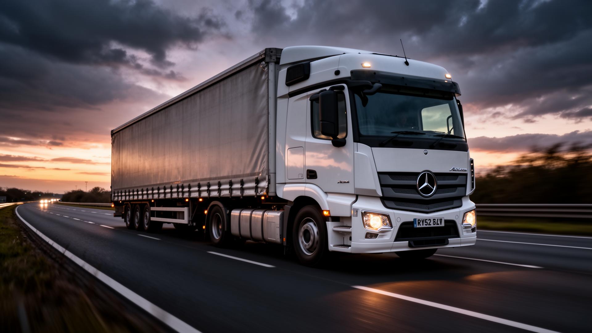 Articulated lorry on a UK motorway at dusk